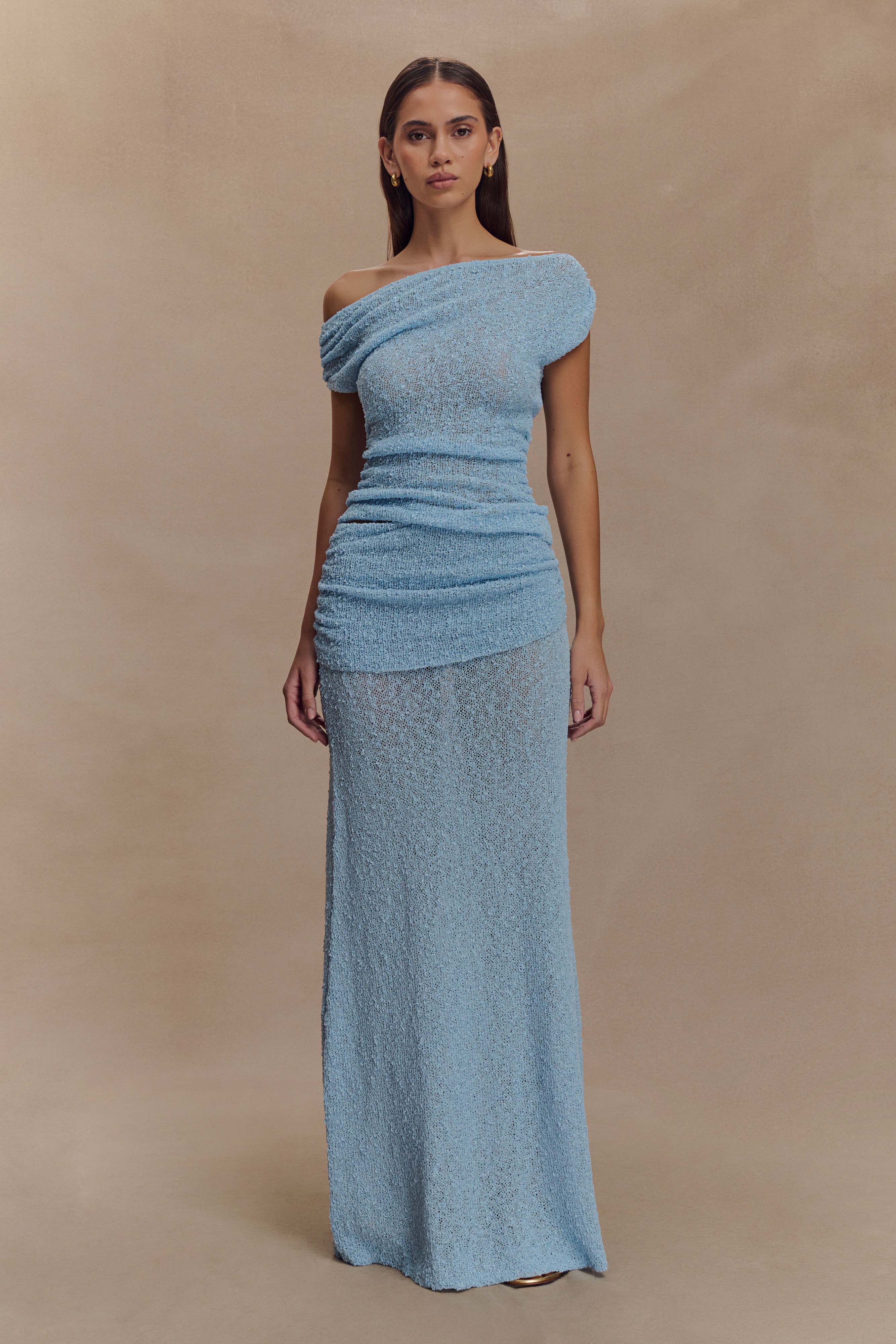 Chloe Off Shoulder Boucle Knit Top - Light Blue