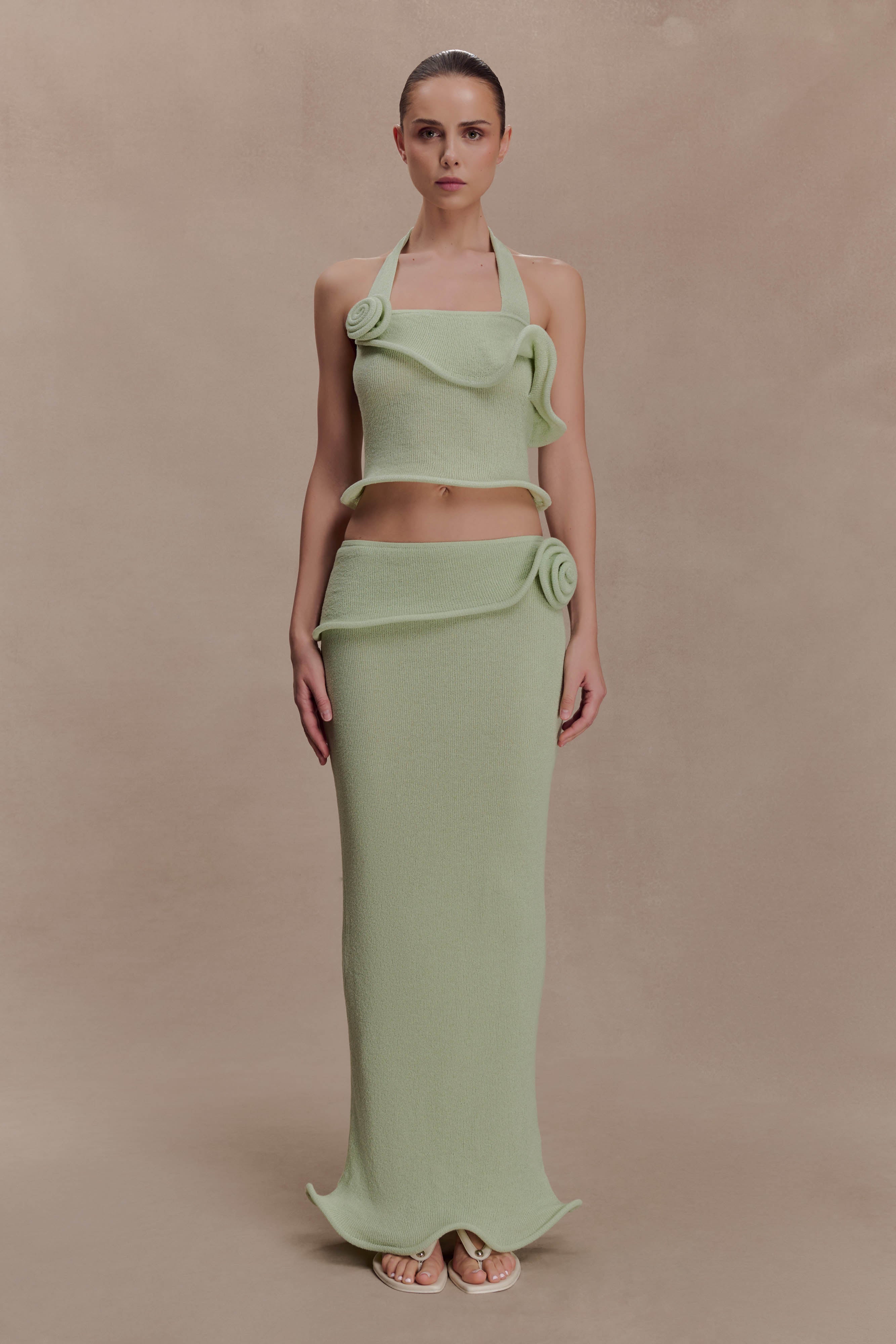Samira Halter Knit Twist Top - Pastel Green